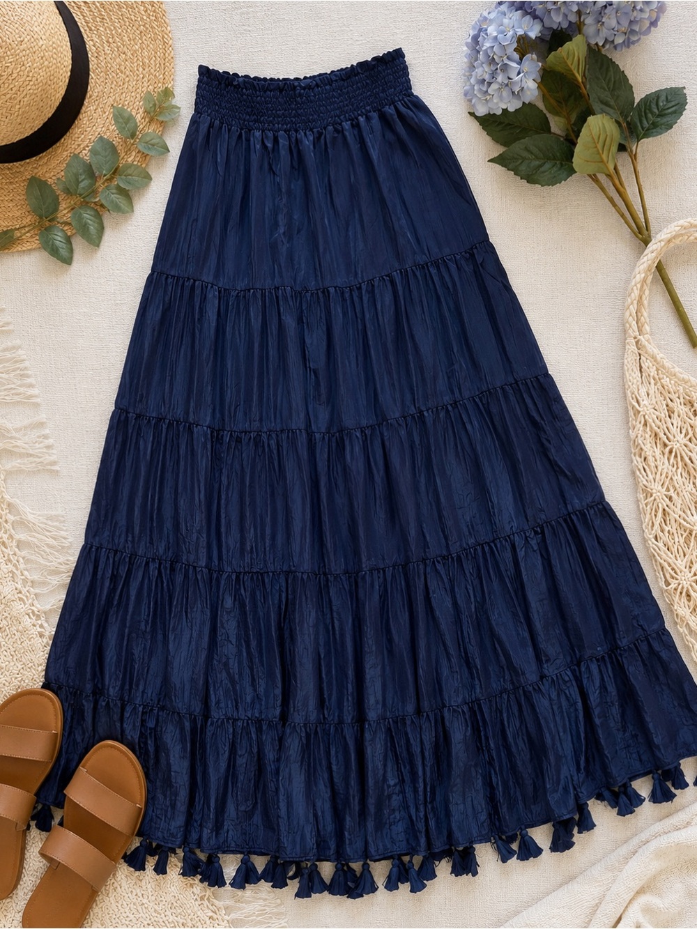 MISA Los Angeles Navy Tiered Maxi Skirt XS Tassel Hem Smocked Waist NWOT